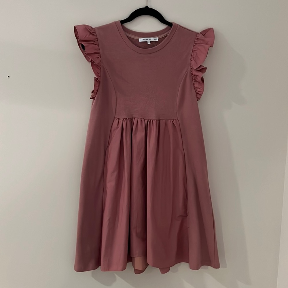 NWOT Mauve English Factory Knit Poplin Mixed Dress with Pockets- Small